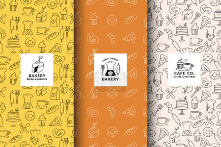 Illustration for Vector set of design templates and elements for bakery packaging in trendy sketch linear style. Hand drawn doodles elements with design label - Royalty Free Image
