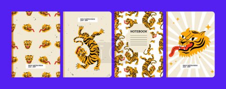 Illustration for Vector illustration template cover pages for notebooks, planners, brochures, books, catalogs with tiger illustrations. Backgrounds with animal - Royalty Free Image