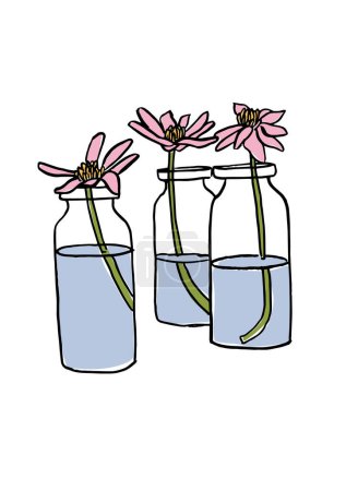 Ilustración de Ilustración vectorial - boceto colorido con flores de margarita rosa y manzanilla en jarrón. Arte para impresiones, arte mural, banner, fondo - Imagen libre de derechos