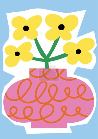 Téléchargez les illustrations : Illustration vectorielle vase botanique rose avec fleurs jaunes. Art pour cartes postales, art mural, bannière, fond. Moderne naïf groovy décorations intérieures funky - en licence libre de droit