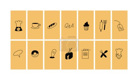 Ilustración de Fondos de plantillas vectoriales o fondos de pantalla para historias de redes sociales, tarjetas, banners con iconos lineales o logotipos para panadería - Imagen libre de derechos