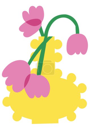 Ilustración de Vector ilustración botánica póster florero amarillo con tulipanes rosados. Arte para postales, arte mural, banner, fondo. Moderno ingenuo groovy decoración de interiores funky - Imagen libre de derechos