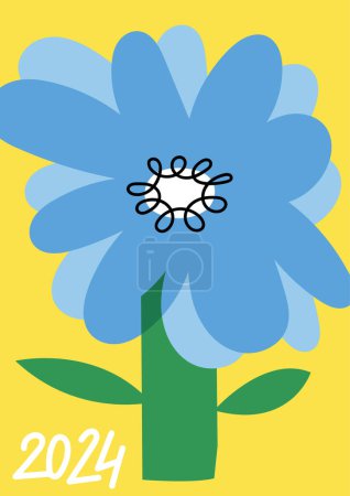 Téléchargez les illustrations : Illustration vectorielle poster botanique avec fleur de marguerite bleu clair. Art pour cartes postales, art mural, bannière, fond. Moderne naïf groovy décorations intérieures funky - en licence libre de droit