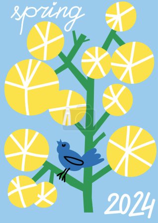 Téléchargez les illustrations : Illustration vectorielle affiche botanique avec mimosa jaune. Art pour cartes postales, art mural, bannière, fond. Moderne naïf groovy décorations intérieures funky - en licence libre de droit