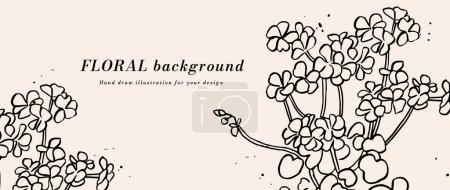 Illustration for Vector background or banner, sketch with geranium flowers and typography template. Web wallpaper. Linear floral art with botanical illustration - Royalty Free Image