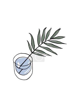 Téléchargez les illustrations : Illustration vectorielle - croquis coloré avec branche de palmier dans un vase. Art pour gravures, art mural, bannière, fond - en licence libre de droit