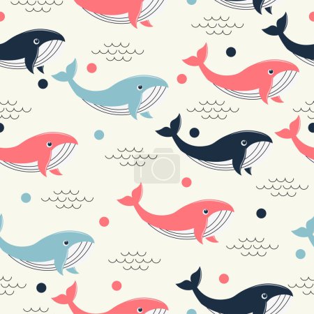 Téléchargez les illustrations : Motif sans couture baleine dans le vecteur plat - en licence libre de droit