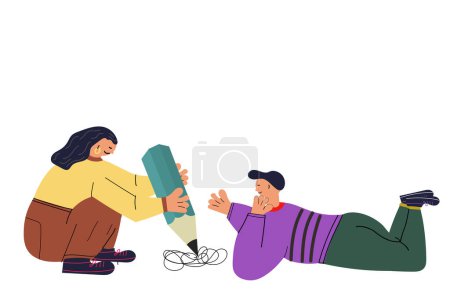 Téléchargez les illustrations : Illustration vectorielle de deux personnes bavardant et écrivant sur fond blanc - en licence libre de droit