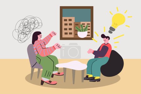 Téléchargez les illustrations : Illustration vectorielle de deux personnes discutant assis à table - en licence libre de droit