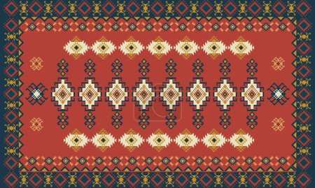 Téléchargez les illustrations : Motif de tapis antique avec texture de fil grossier, illustration vectorielle colorée - en licence libre de droit