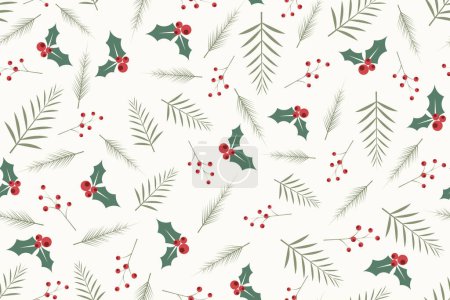 Illustration for Christmas seamless pattern with fir branches, and berries for greeting cards, Christmas, designs, backgrounds, wallpaper, fabric, wrapping paper, etc. - Royalty Free Image