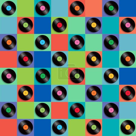 Illustration for Seamless pattern of audio cassettes or retro cassette discs for designs, backgrounds, fabrics, wrappers, covers, etc. - Royalty Free Image