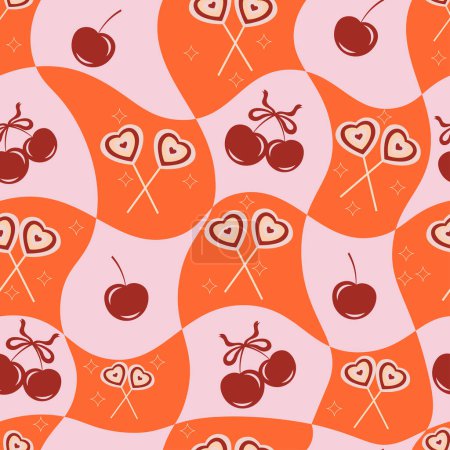 Illustration for Seamless pattern with lollipops in shape of hearts and flowers - Royalty Free Image