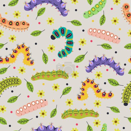crawling worms pattern. collection biology, caterpillars, ecology concept, cartoon funny fantasy fairy tale worms, wriggling