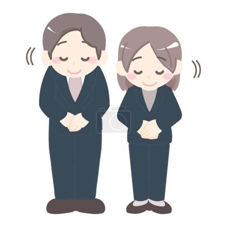 Illustration of a man and a woman in suits bowing