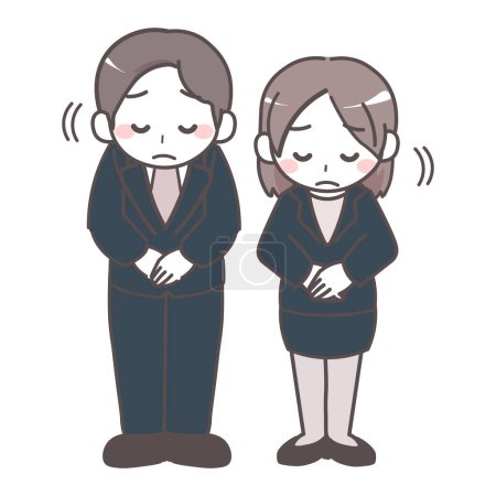 Illustration of a man and a woman in suits bowing and apologizing