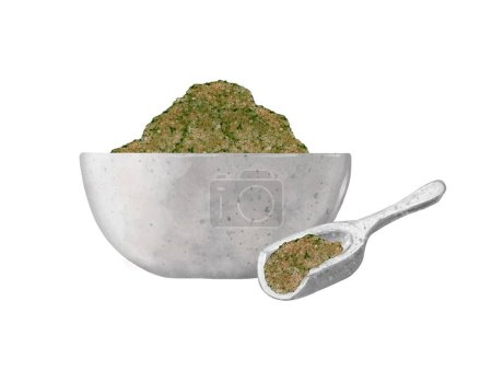 Green sea salt in a ceramic bowl and measuring spoon. Hand drawn watercolor illustration isolated on white background. Body care concept, spa treatments.