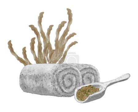 Composition avec serviette, cuillère avec sel de mer et buisson d'algues. Concept de soins de beauté spa et mode de vie sain. Illustration dessinée à la main isolée sur fond blanc