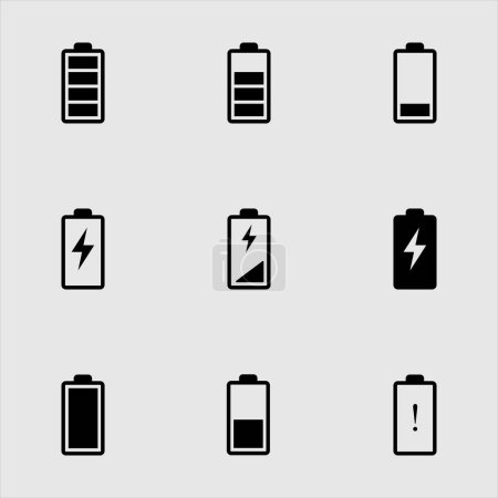 Téléchargez les illustrations : Indicateur de capacité de batterie ensemble d'icône. Collection d'illustration de symbole de batterie de charge - en licence libre de droit