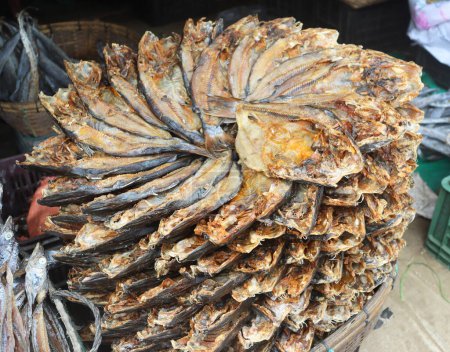 Close up of dried fish stored in circular way for sale.