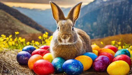 Foto de Conejo rodeado de huevos de color Pascua - Imagen libre de derechos
