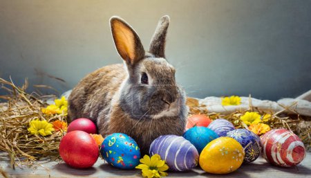 Téléchargez les photos : Lapin entouré d'oeufs de couleur de Pâques - en image libre de droit