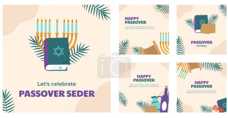 Colección de publicaciones de Instagram dibujadas a mano para la celebración de la Pascua judía. Feliz Pascua. Seder Paasover. Judaísmo