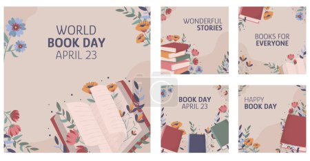 Hand drawn instagram posts collection for world book day celebration. Copyrigth day. Wonderful stories. Reading book