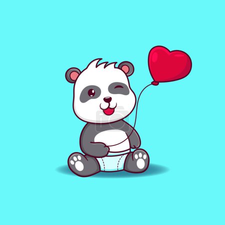 Cute baby panda holding heart balloon