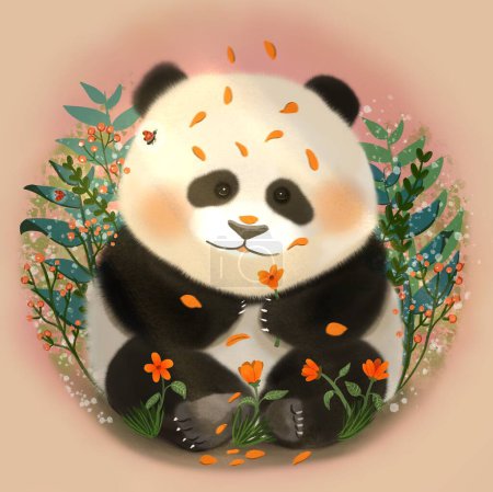 Whimsical illustration of baby panda playing with flowers while sitting on the ground. Pinkish background. 