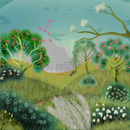 Ilustración caprichosa de colinas, árboles y flores. Fondo verde y azul 