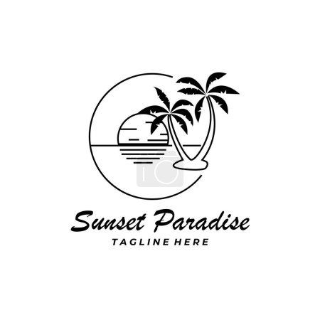 Sonnenuntergang Paradies Linie Kunst Palme Baum Logo Vektor Illustration Design Grafik