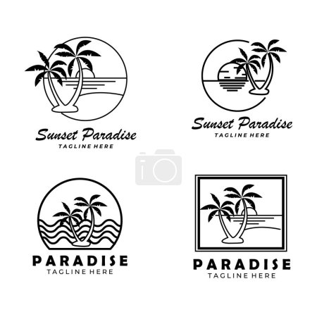 Set or Bundle of sunset paradise line art palm tree logo vector illustration design graphic