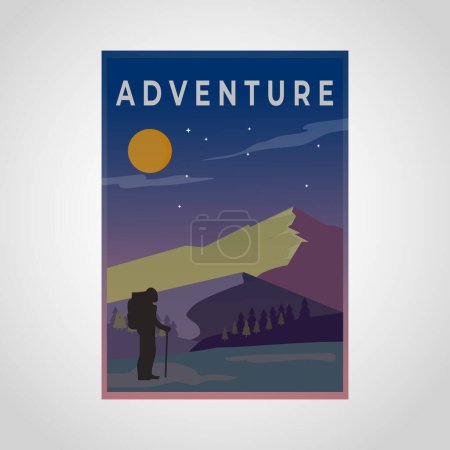 Tourism hiking holidays forest landscape with mountain peaks background poster vector illustration design