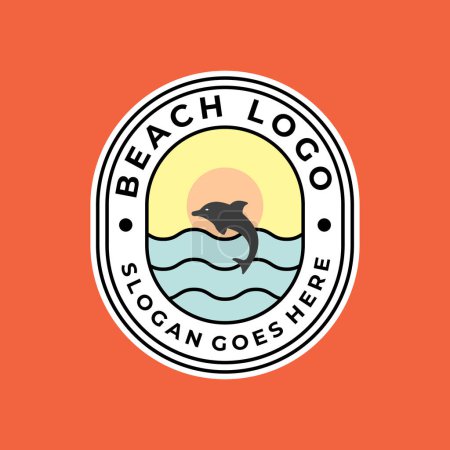 beach emblem logo vector Dolphin jump water logo and symbol with sunset