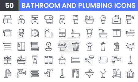 Ensemble d'icône de ligne vectorielle de salle de bains. Contient des icônes de contour linéaire comme lavabo, placard, douche, WC, plomberie, miroir, robinet, poubelle, baignoire, hygiène, shampooing, robinet, serviette. Utilisation modifiable et course pour le web.