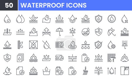 Ensemble d'icônes vectorielles étanches. Contient des icônes de contour linéaire comme la protection de l'eau, résistant à l'eau, gouttes, humidité, anti mouillage, hydrophobe, résistant aux intempéries, pluie. Utilisation modifiable et AVC.