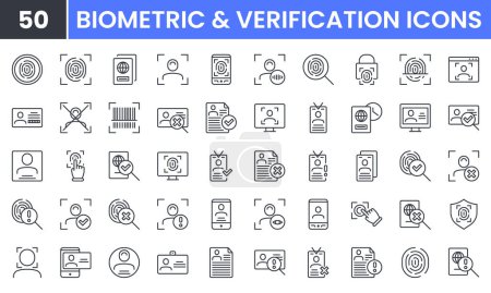 Ensemble d'icônes de ligne vectorielle ID, Biométrique et Vérification. Contient des icônes de contour linéaire comme la vérification des empreintes digitales, l'identification de la personne, le passeport, le document juridique, le permis de conduire. Utilisation modifiable et AVC.