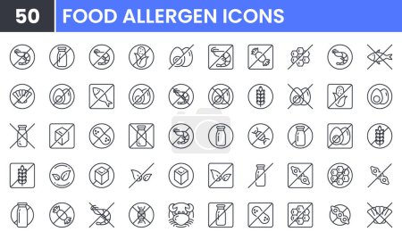 Illustration for Food Allergen vector line icon set. Contains linear outline icons like Gluten, Milk, Soya, Fish, Shellfish, Egg, Sugar, Peanut, Crustacean. Editable use and stroke. - Royalty Free Image