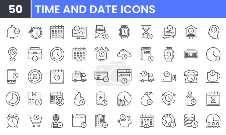 Illustration for Time and Date vector line icon set. Contains linear outline icons like Bell, Clock, Alarm, Calendar, Hourglass, Timer, Ring, Delivery, Watch, Deadline, Speed, Productivity. Editable use and stroke. - Royalty Free Image
