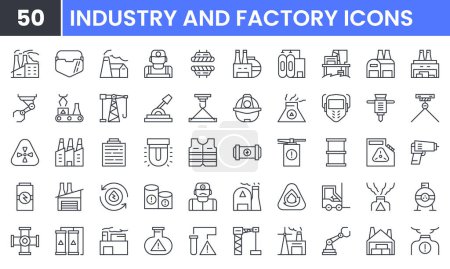 Factory and Industry vector line icon set. Contains linear outline icons like Automation, Warehouse, Manufacturing, Worker, Crane, Chemical, Assembly, Building, Forklift . Editable use and stroke.
