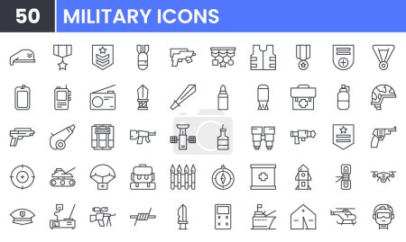 Military vector line icon set.Contain linear outline icons like Soldier, War, Weapon, Rocket, Pistol, Knife, Gun, Army, Helicopter, Revolver, Grenade, Dynamite, Rifle, Helmet. Editable use and stroke.