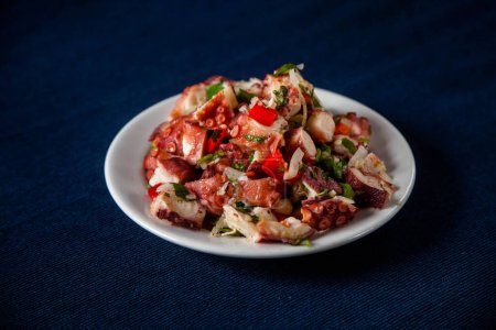 Portuguese octopus salad: tender octopus, onions, fresh coriander, drizzled with olive oil and vinegar. Traditional delicacy.