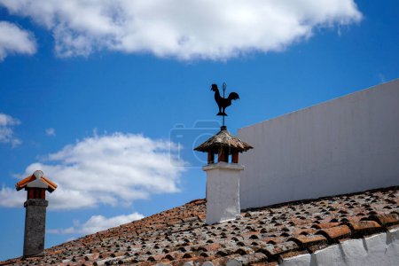 A weather vane shaped like a rooster sits atop a chimney against a cloudy sky, adding a rustic charm to the rooftop scenery.