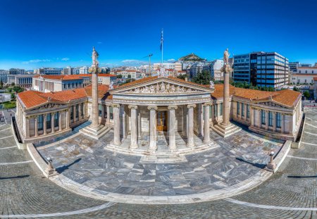 Hig hdefiniton panorama of Masterpiece Academy of Athens featuring statue of Athena, Apollo above and Socrates and Plato below, in the heart of Athens, Attica, Greece
