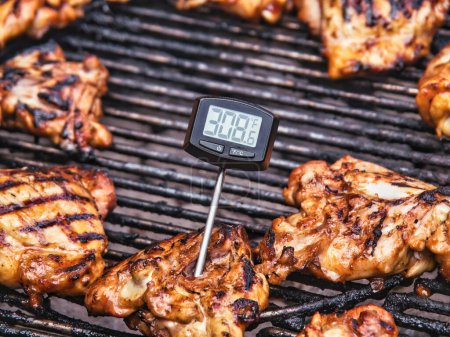Checking chicken for safe food temperature with digital instant thermometer. Cook measuring temperature of freshly grilled steak on hot barbecue grill.