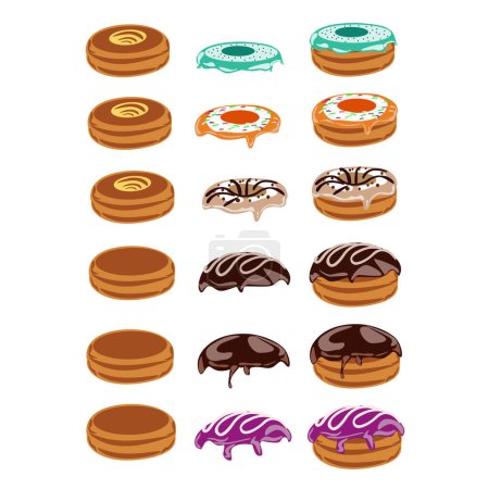 Set of donuts with different fillings. Vector illustration in cartoon style.