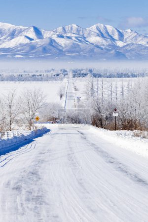 route droite et chaîne de montagnes en hiver