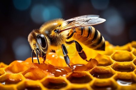Téléchargez les photos : Une abeille sur un nid d'abeille recueille du miel, IA générative - en image libre de droit