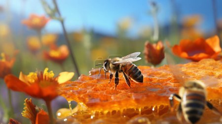 Téléchargez les photos : Abeilles s'assoient sur des rayons de miel avec du miel dans une floraison.IA générative - en image libre de droit